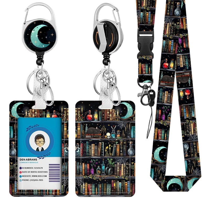Vorruil Book Lanyards for ID Badge, Library Cat ID Badge Holder with Retractable Reel Clip Keychain, Gifts for Librarian, Gothic Identity Badge Cover Case Protector for Student Teacher - Image 1