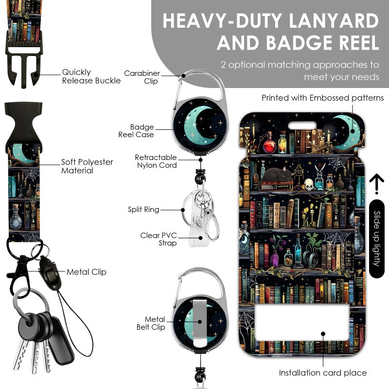 Vorruil Book Lanyards for ID Badge, Library Cat ID Badge Holder with Retractable Reel Clip Keychain, Gifts for Librarian, Gothic Identity Badge Cover Case Protector for Student Teacher - Image 3