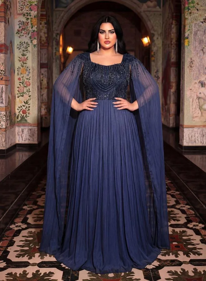 Supgir Plus Size Nave Blue Beads Embellished Cape Sleeves A-Line Maxi Dress