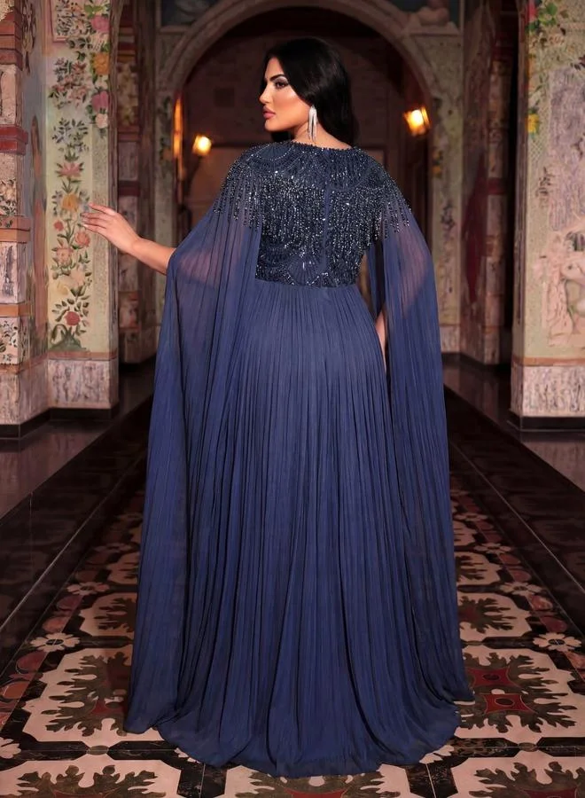 Supgir Plus Size Nave Blue Beads Embellished Cape Sleeves A-Line Maxi Dress