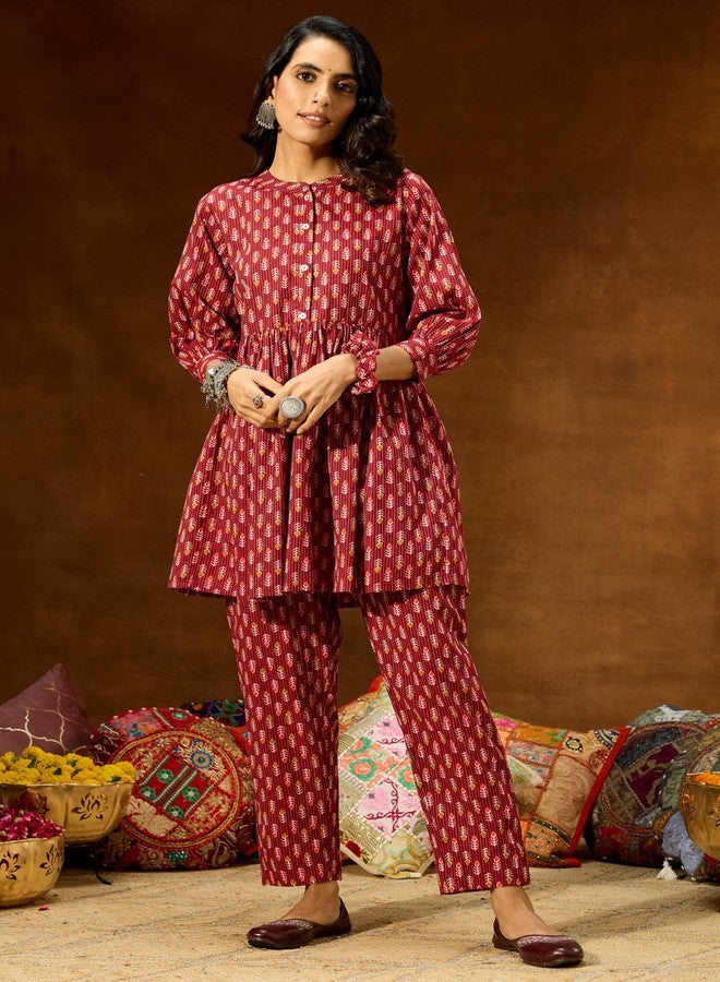 Janasya Women's Maroon Pure Cotton Ethnic Motifs Printed Peplum Co-ord Set (JAC25CD02826-XS) - Image 3