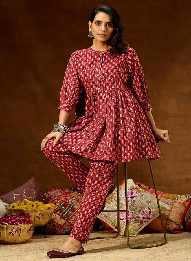 Janasya Women's Maroon Pure Cotton Ethnic Motifs Printed Peplum Co-ord Set (JAC25CD02826-XS) - Image 2