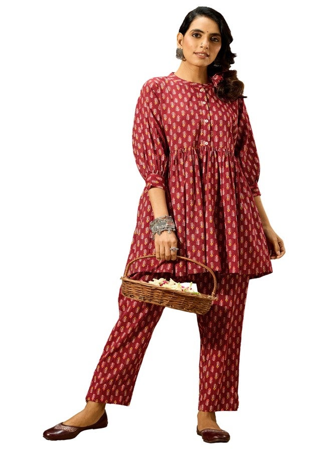 Janasya Women's Maroon Pure Cotton Ethnic Motifs Printed Peplum Co-ord Set (JAC25CD02826-XS) - Image 1