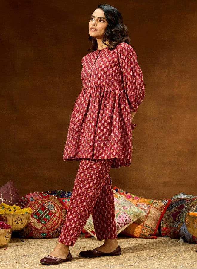 Janasya Women's Maroon Pure Cotton Ethnic Motifs Printed Peplum Co-ord Set (JAC25CD02826-XS) - Image 5