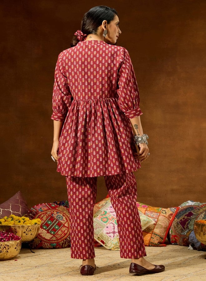 Janasya Women's Maroon Pure Cotton Ethnic Motifs Printed Peplum Co-ord Set (JAC25CD02826-XS) - Image 4