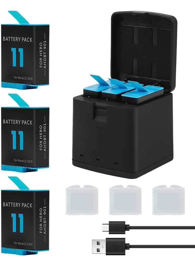 3-Pack 1800mAh Batteries for GoPro Hero 9, 10, 11, 12 with USB Fast Charger and Protective Case - Fully Compatible with Hero 9, 10, 11, 12 Black Models. - Image 1