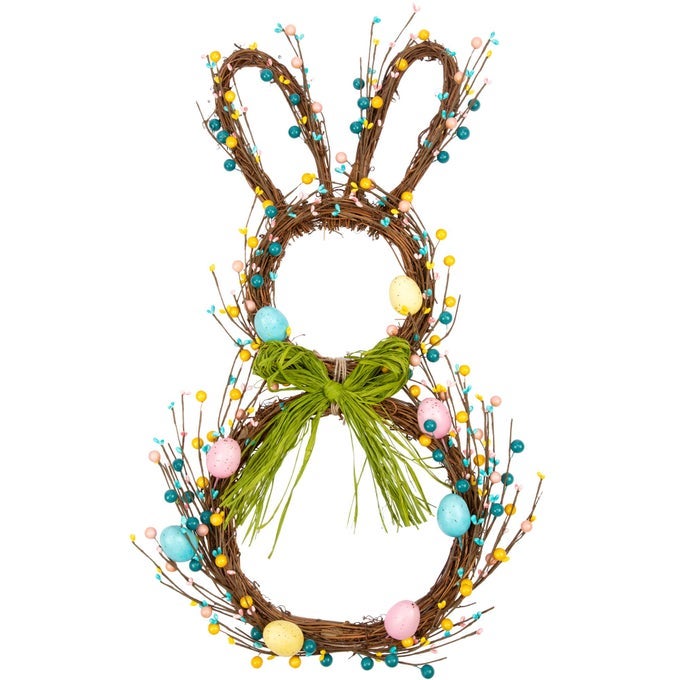 27 INCH ARTIFICIAL EASTER WREATH FOR FRONT DOOR RABBIT WREATH WITH PASTEL EGGS AND MIXED TWIGS SPRING BUNNY WITH RAFFIA BOW FOR EASTER DECORATIONS