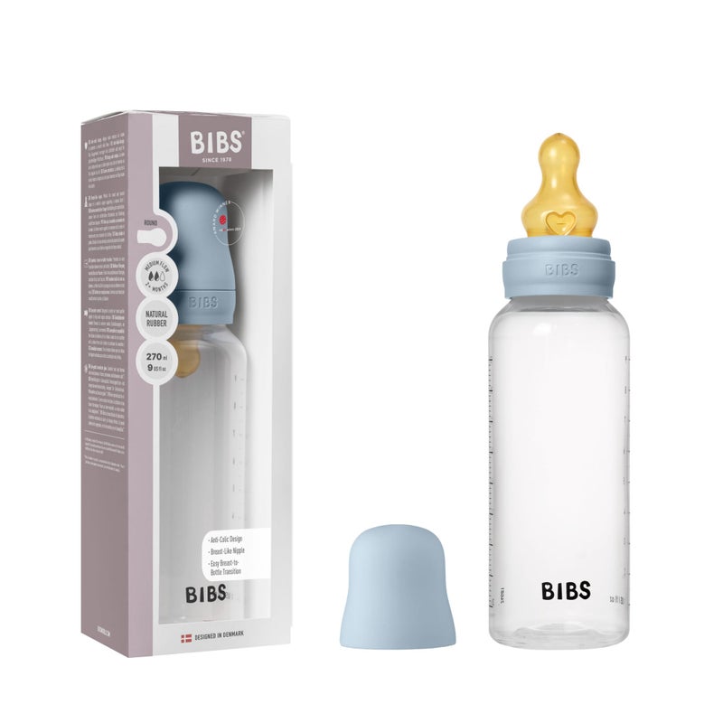 BIBS Baby Bottle 9 oz / 270 ml Natural Rubber Latex Nipple - Anti-Colic, BPA-Free, Round Nipple, Medium Flow, Lightweight & Easy to Clean, Suitable for Newborns 0+ Years - Baby Blue - Image 1