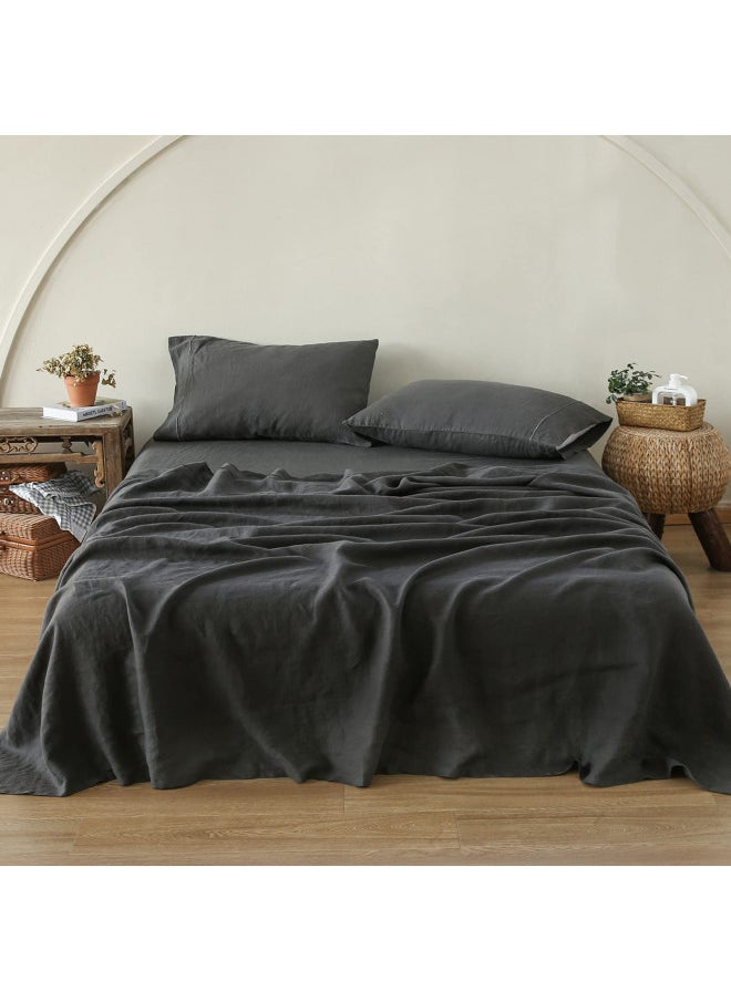 Simple&Opulence Simple&Opulence 100% Washed Linen Sheet Set-King Size-Natural France Flax Bed Sheet-4 Pcs Breathable,Ultra Soft,Farmhouse Bedding (1 Flat Sheet,1 Fitted Sheet,2 Pillowcases)-Embroidery Dark Grey  - Image 1