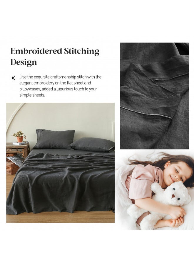 Simple&Opulence Simple&Opulence 100% Washed Linen Sheet Set-King Size-Natural France Flax Bed Sheet-4 Pcs Breathable,Ultra Soft,Farmhouse Bedding (1 Flat Sheet,1 Fitted Sheet,2 Pillowcases)-Embroidery Dark Grey  - Image 4