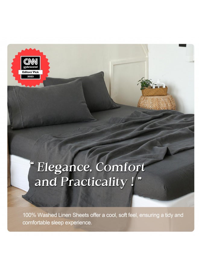 Simple&Opulence Simple&Opulence 100% Washed Linen Sheet Set-King Size-Natural France Flax Bed Sheet-4 Pcs Breathable,Ultra Soft,Farmhouse Bedding (1 Flat Sheet,1 Fitted Sheet,2 Pillowcases)-Embroidery Dark Grey  - Image 3