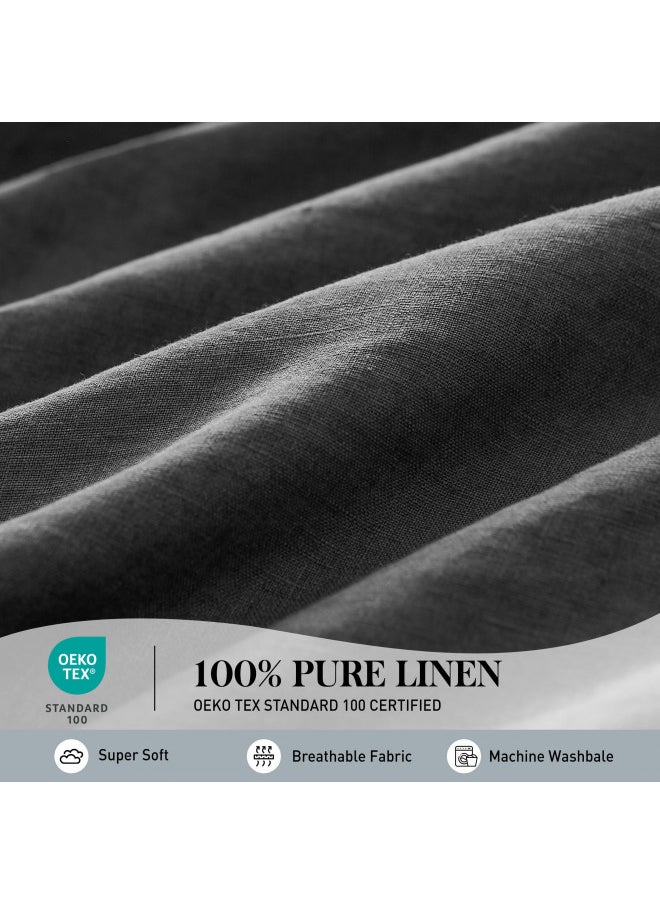 Simple&Opulence Simple&Opulence 100% Washed Linen Sheet Set-King Size-Natural France Flax Bed Sheet-4 Pcs Breathable,Ultra Soft,Farmhouse Bedding (1 Flat Sheet,1 Fitted Sheet,2 Pillowcases)-Embroidery Dark Grey  - Image 2