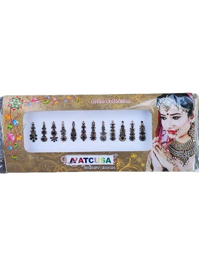 ATCUSA 12 Black long Crystal Bindi Bridal face Jewels Forehead Tika Indian Bindis for women bindi Indian multicolor round long small gold (Long 12 bindi - Black color) 