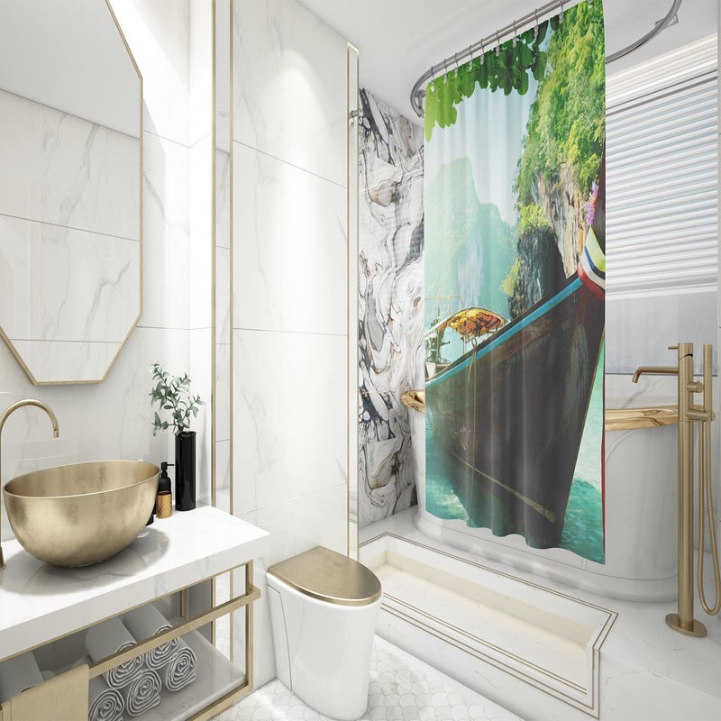 FING ستارة دش الحمام، ستارة حمام مع خطاف، ستارة دش مصممة للحمام، حوض الاستحمام، زينة ستائر حمام زخرفية حديثة (تصميم_31) - Image 3