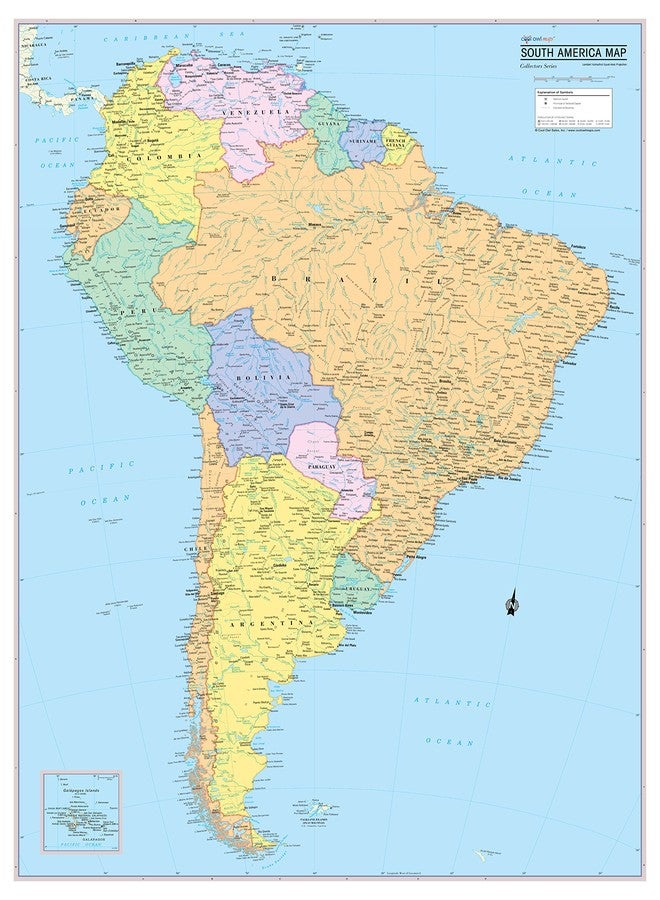 خريطة جدارية رائعة لقارة أمريكا الجنوبية من Cool Owl Maps - ملفوفة ومغلفة (24 بوصة × 32 بوصة)