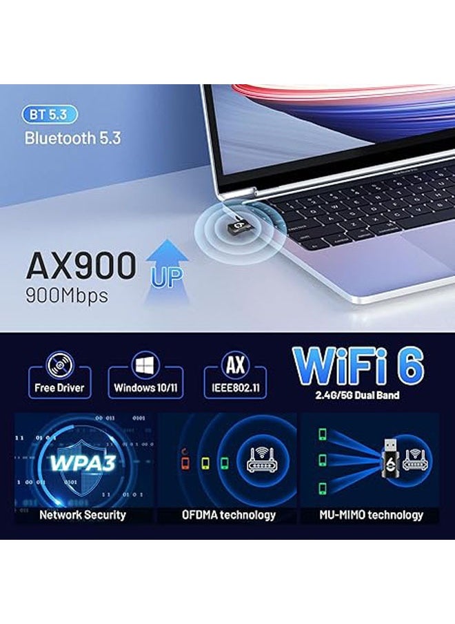 2-in-1 USB WiFi Adapter – Bluetooth WiFi Adapter, 900Mbps 2.4/5GHZ Dual-Band WiFi & Bluetooth Adapter for PC/Laptop/Desktop, Wpa3 No Driver, Mini WiFi 6, USB WiFi Adapter