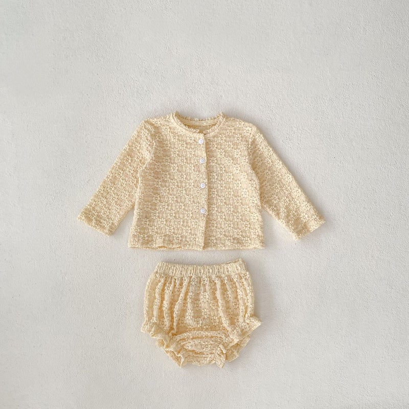 2025 Autumn Baby Girl Soft Suit Flower Jacquard Knitted Long-Sleeved Top + Bread Pants - Image 1