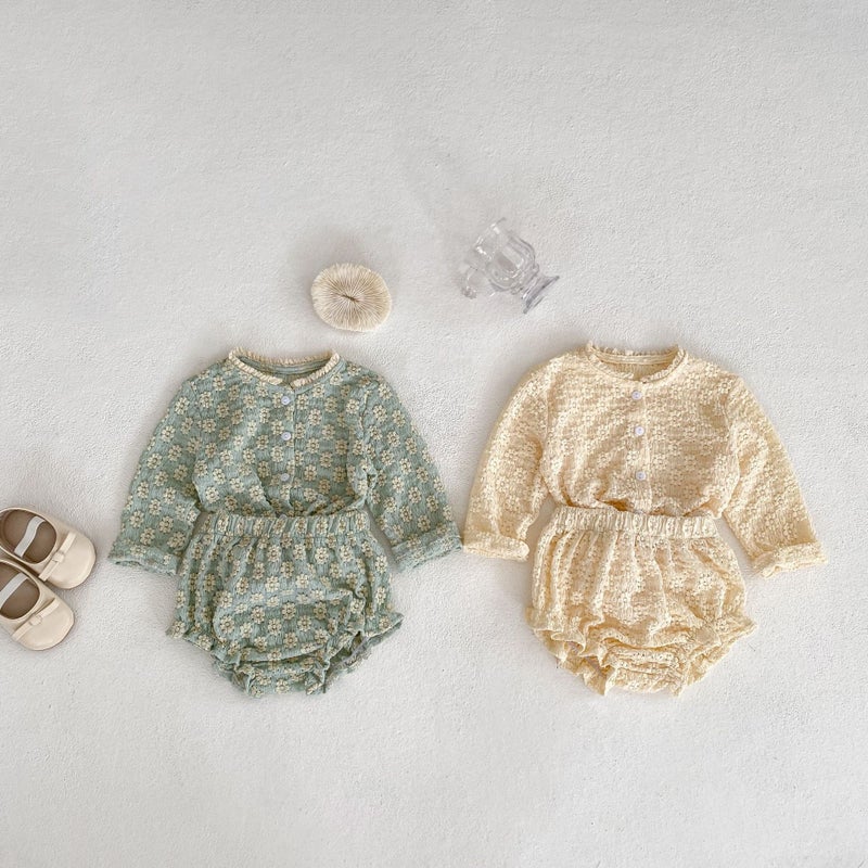 2025 Autumn Baby Girl Soft Suit Flower Jacquard Knitted Long-Sleeved Top + Bread Pants - Image 2