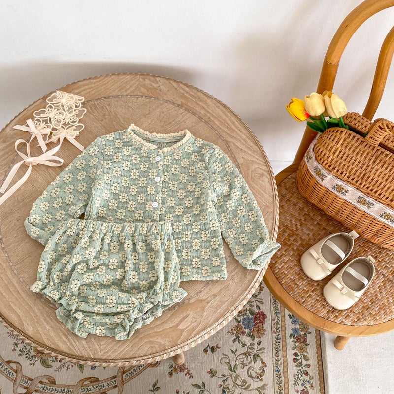 2025 Autumn Baby Girl Soft Suit Flower Jacquard Knitted Long-Sleeved Top + Bread Pants - Image 4