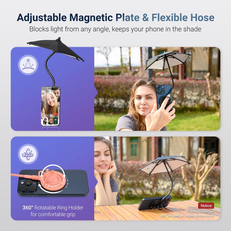 Kiorafoto Magnetic Phone Umbrella for Sun,Outdoor Phone Sun Shade Shield with Flexible Angle Design & Rotatable Phone Ring,Umbrella for iPhone 17 Air 16 15 14 13 Pro Max Plus,Mag-Safe Case &All Phone Anti-Glare - Image 3