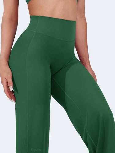 VOYJOY Straight Leggings Bottoms Wide Leg Pants for Women 29"/ 31.5"/33"/35" High Waist Stretch Casual Sweatpants Dark Green - Image 2