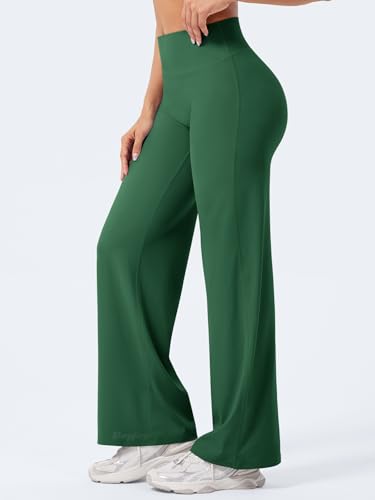 VOYJOY Straight Leggings Bottoms Wide Leg Pants for Women 29"/ 31.5"/33"/35" High Waist Stretch Casual Sweatpants Dark Green - Image 4