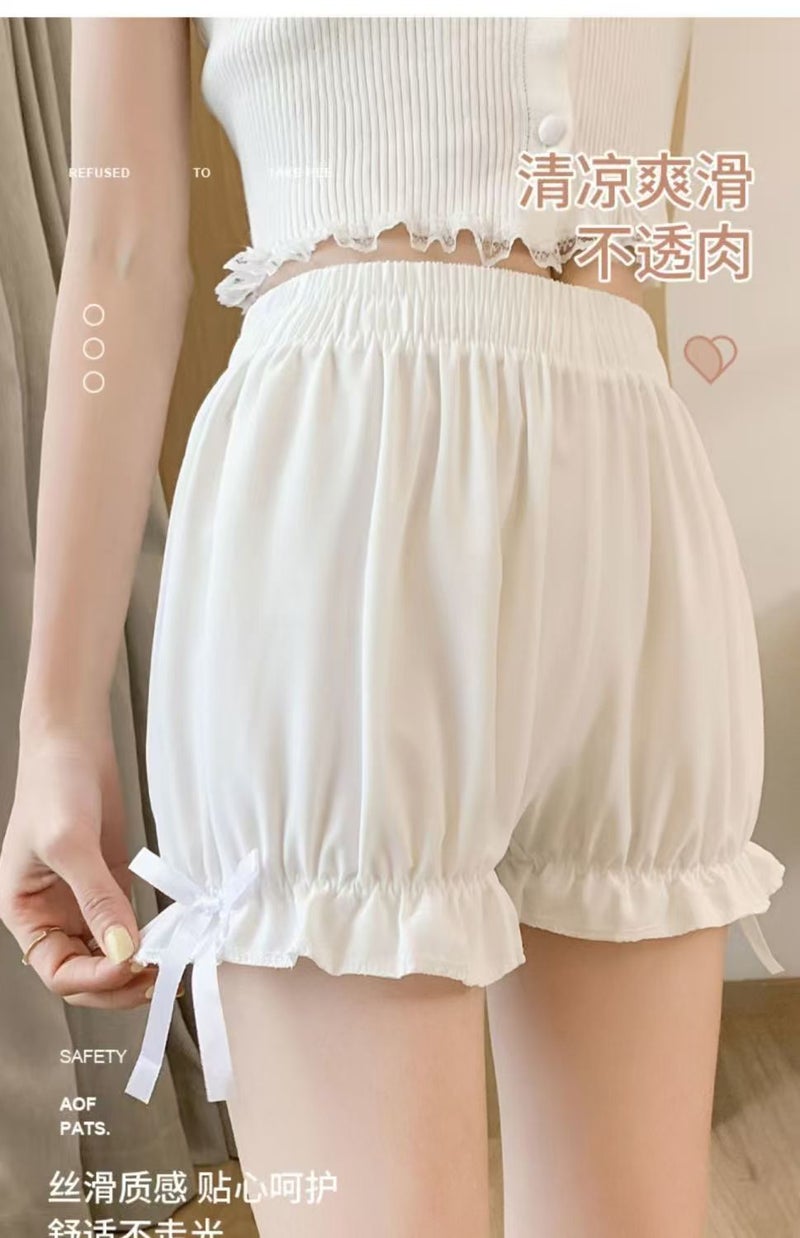 Cute Bow Pumpkin Lantern Pants Base Safety Pants Anti-light Shorts Loose Outer Wear Japanese Women White 