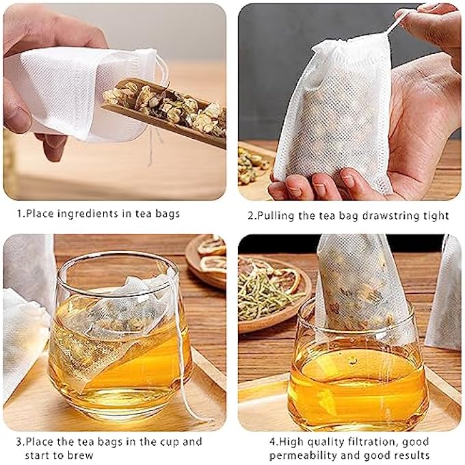 YEESON 300 Pcs Tea Filter Bags Disposable Empty Tea Bags White Cotton Drawstring Sealed Filter Tea Bags For Tea Coffee Herbs Spices Soup Flavour Packs Etc Plain Fine Fabric Drawstring Ba - Image 4