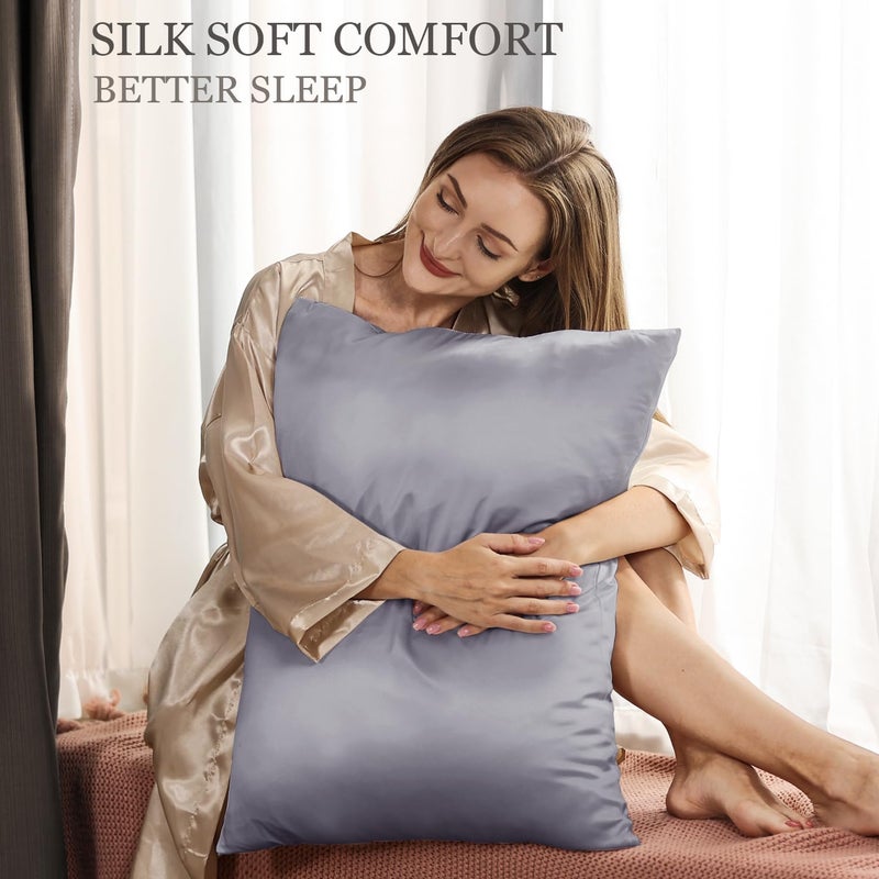 Adubor Silk Pillowcase - 100% Pure Mulberry Silk  23 Momme 6A Grade Fibers  900 Thread Count  Silk Pillow Cases for Hair and Skin Health  with Hidden Zipper (Standard 20''?26''  Light Gray  1PC) - Image 2