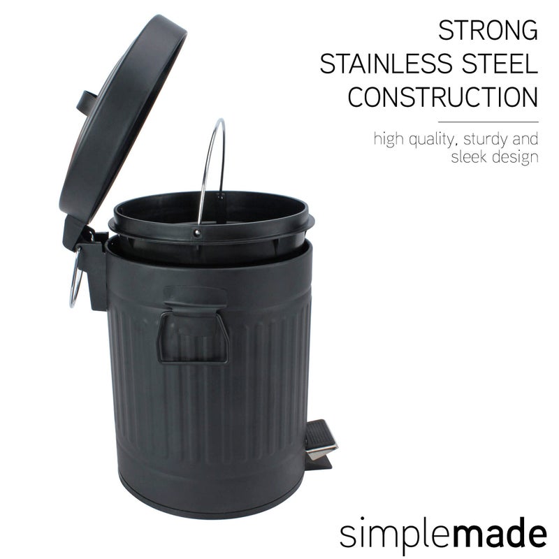 SIMPLEMADE Round Step Trash Can, Stainless Steel with Lid, Small Metal Wastebasket/Garbage Can for Bathroom, Office, Black, 5 Liter / 1.3 Gallon - - Image 3