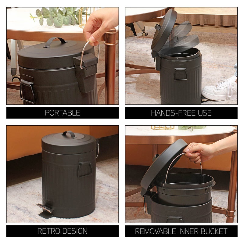 SIMPLEMADE Round Step Trash Can, Stainless Steel with Lid, Small Metal Wastebasket/Garbage Can for Bathroom, Office, Black, 5 Liter / 1.3 Gallon - - Image 4
