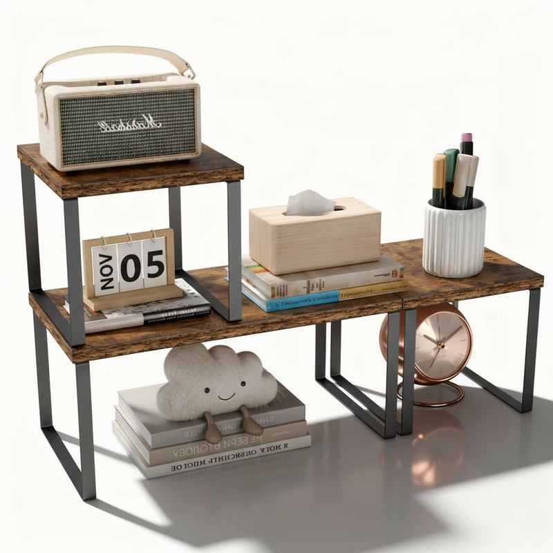 Aothia Wood Desktop Shelf for Top of Desk - 2-Tier Adjustable Bookshelf Organizer, Freestanding Stackable Shelves for Office, Home, Kitchen Counter (Rustic Brown) - Image 1