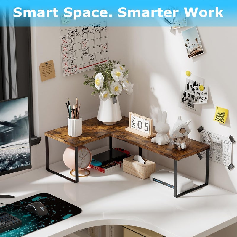 Aothia Wood Desktop Shelf for Top of Desk - 2-Tier Adjustable Bookshelf Organizer, Freestanding Stackable Shelves for Office, Home, Kitchen Counter (Rustic Brown) - Image 3