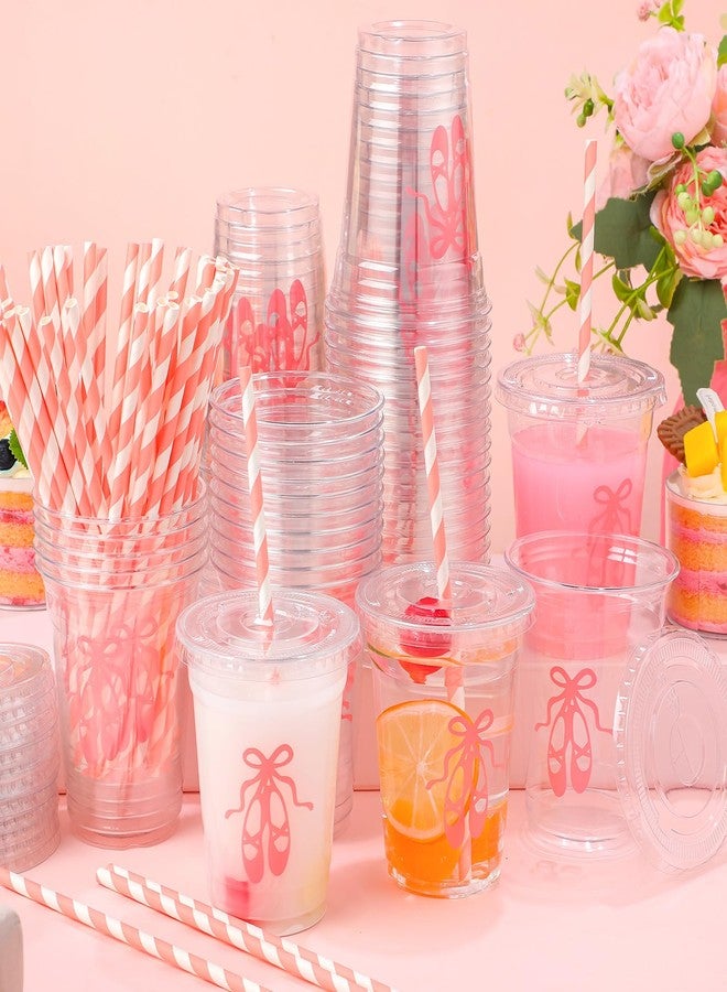 Jingmore 50 Sets Ballerina Disposable Cups with Lids and Straws Plastic Ballet Party Cold Beverage Drinking Cups for Birthday Ballerina Theme Ballet Dance Party Supplies - Image 3