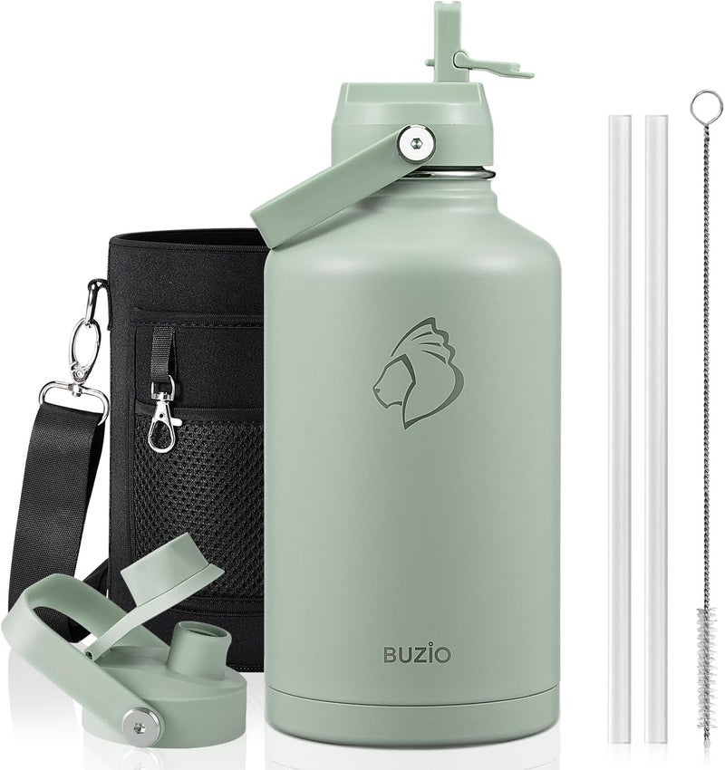 BUZIO 64oz Insulated Water Bottle, Half gallon Stainless Steel Jug (Cold for 48 Hrs), Triple Wall Vacuum Large Metal Flask with Leakproof Straw Lid and Carry Sleeve, Sage Green Storage transit efficiency build - Image 1