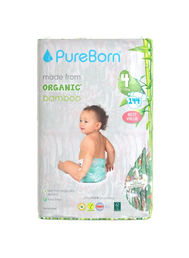 PureBorn Organic Bamboo Baby Diapers Size 4| Tape Style Diapers Hypoallergenic nappies |7-12 Kgs| Pack of 3x48s Count 144 | Assorted Print - Image 1