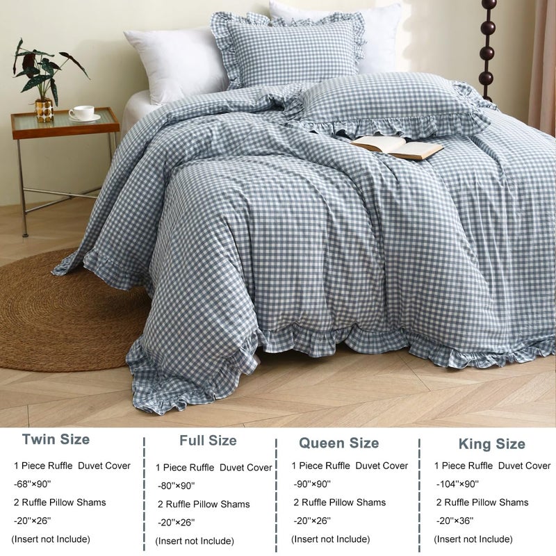Silnuo Light Blue/White Plaid Ruffle Duvet Cover King Size,100% Washed Cotton 3 Pieces Shabby Checkered Chic Gingham Bedding Set Comforter Cover Set - Image 3