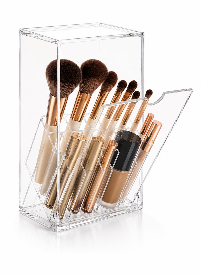 Clear Makeup Brush Holder with Lid, Dustproof Makeup Organizer with 17 Slots, Large Capacity Cosmetic Storage Box, Thickened PS Vanity Brush Holder for Bathroom Countertop Bedroom - Image 1