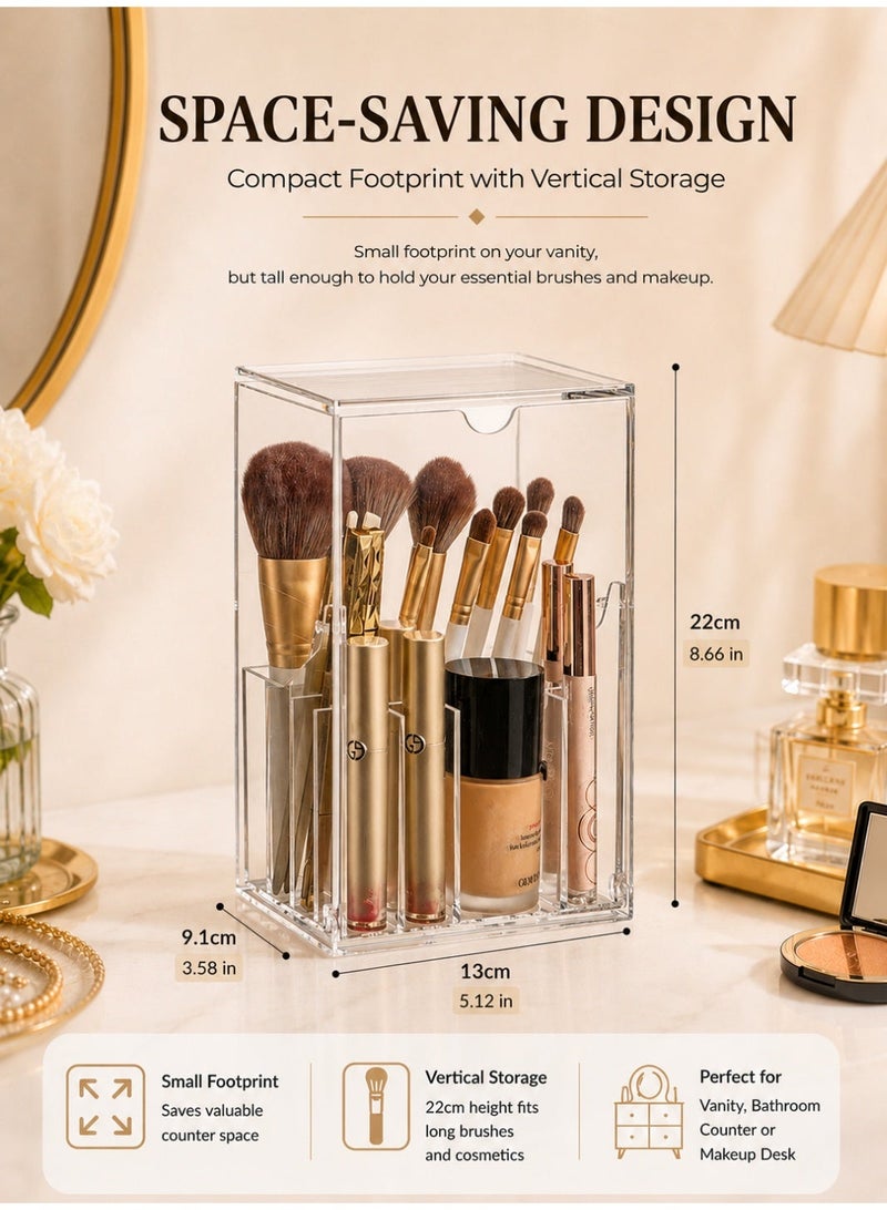 Clear Makeup Brush Holder with Lid, Dustproof Makeup Organizer with 17 Slots, Large Capacity Cosmetic Storage Box, Thickened PS Vanity Brush Holder for Bathroom Countertop Bedroom - Image 2