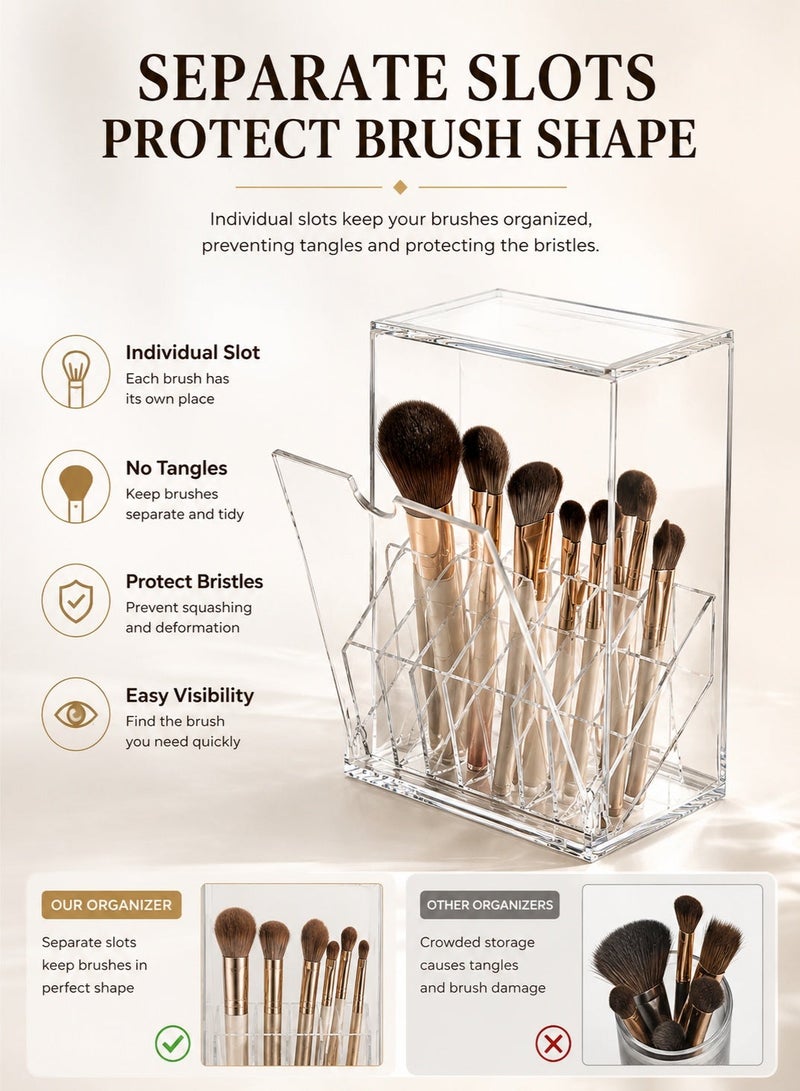 Clear Makeup Brush Holder with Lid, Dustproof Makeup Organizer with 17 Slots, Large Capacity Cosmetic Storage Box, Thickened PS Vanity Brush Holder for Bathroom Countertop Bedroom - Image 3