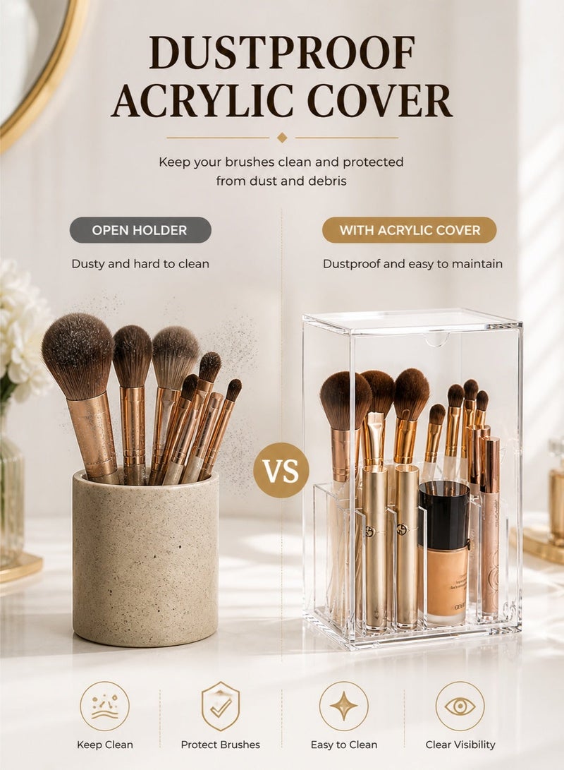 Clear Makeup Brush Holder with Lid, Dustproof Makeup Organizer with 17 Slots, Large Capacity Cosmetic Storage Box, Thickened PS Vanity Brush Holder for Bathroom Countertop Bedroom - Image 4