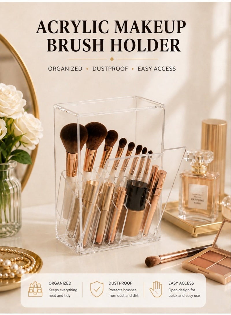 Clear Makeup Brush Holder with Lid, Dustproof Makeup Organizer with 17 Slots, Large Capacity Cosmetic Storage Box, Thickened PS Vanity Brush Holder for Bathroom Countertop Bedroom - Image 5