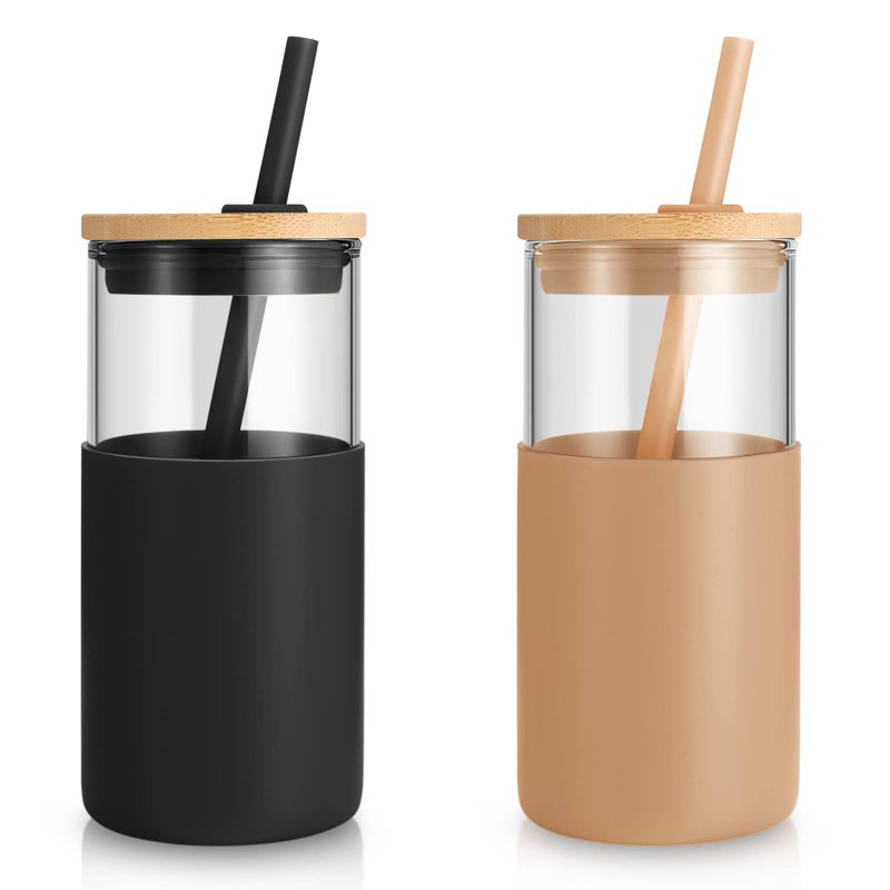 TroncoÂ® 16 oz Glass Tumbler with Lids and Straw, Reusable Iced Coffee Cup & Smoothie Cup with Bamboo Lid, Silicone Sleeve, Dishwasher Safe, BPA-Free Borosilicate Glass, 1 Pack - Image 1