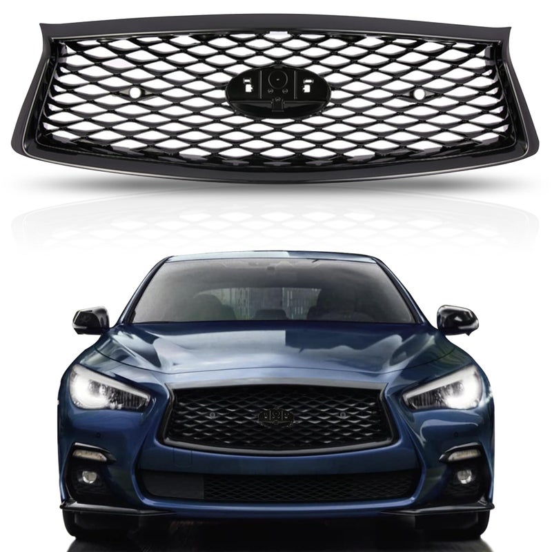 PartsFlow Front Bumper Upper Grille Gloss Black Mesh Grill WSensor Hole WCamera Hole Compatible With 20182023 Infiniti Q50 F23106HH0C