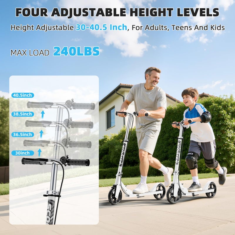 GRENYX Scooters for Kids 8-12, Teens & Adults - Lightweight, Foldable, 8-Inch Big Wheels, Hand Brake & Bell, 4 Adjustable Height Levels, 240 lbs Max Load, Perfect for School, Campus and Park Rides White - Image 3