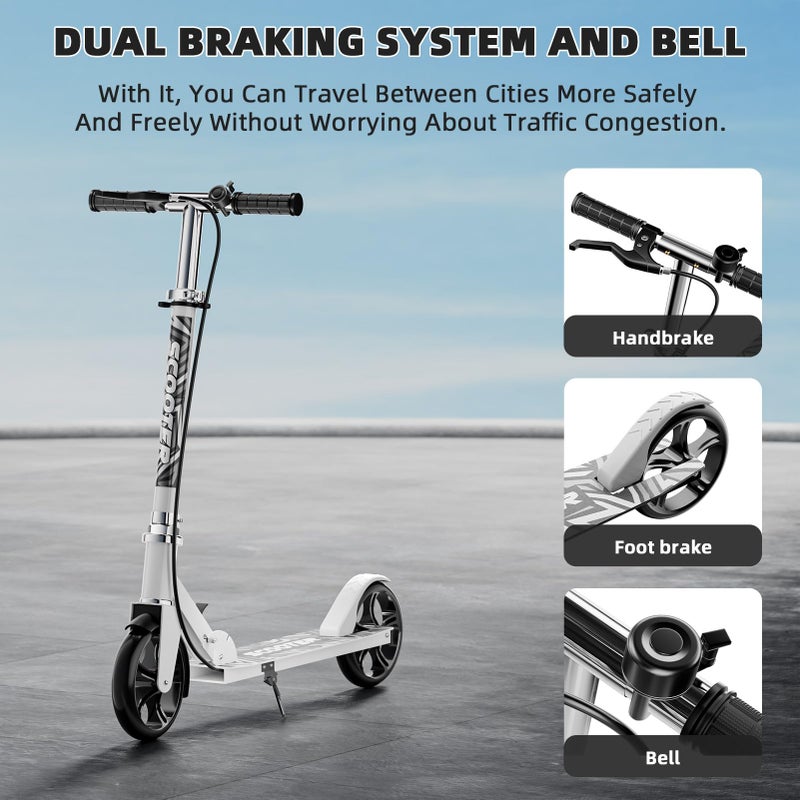 GRENYX Scooters for Kids 8-12, Teens & Adults - Lightweight, Foldable, 8-Inch Big Wheels, Hand Brake & Bell, 4 Adjustable Height Levels, 240 lbs Max Load, Perfect for School, Campus and Park Rides White - Image 2