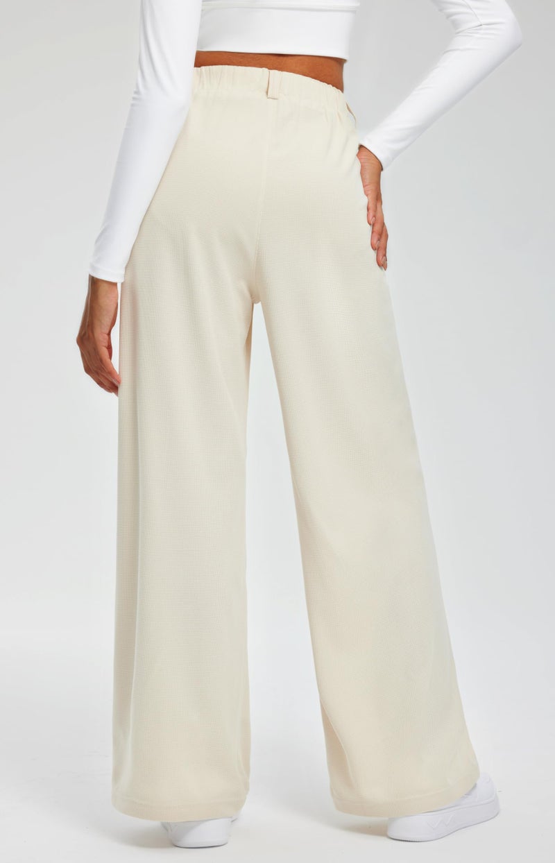 Libin Women's Wide Leg Pants 29" High Waisted Waffle Knit Casual Slacks Work Dress Pants Business Palazzo Trousers with Pockets, Beige, 2XL - Image 2