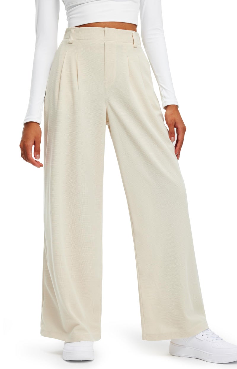 Libin Women's Wide Leg Pants 29" High Waisted Waffle Knit Casual Slacks Work Dress Pants Business Palazzo Trousers with Pockets, Beige, 2XL - Image 1