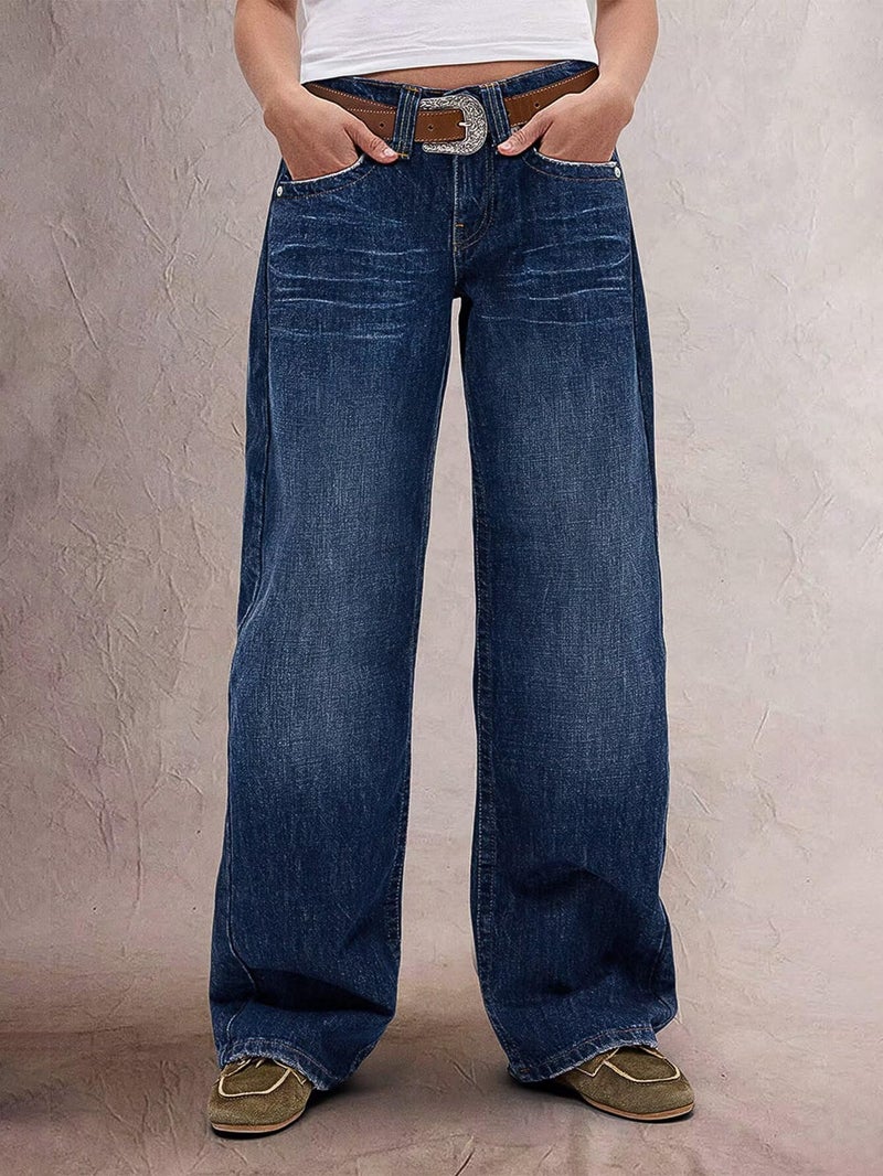 Flamingals Wide Leg Jeans for Women Mid Waist Baggy Stitch Decor Denim Washed Pants Without Belt Sapphire Blue L - Image 3