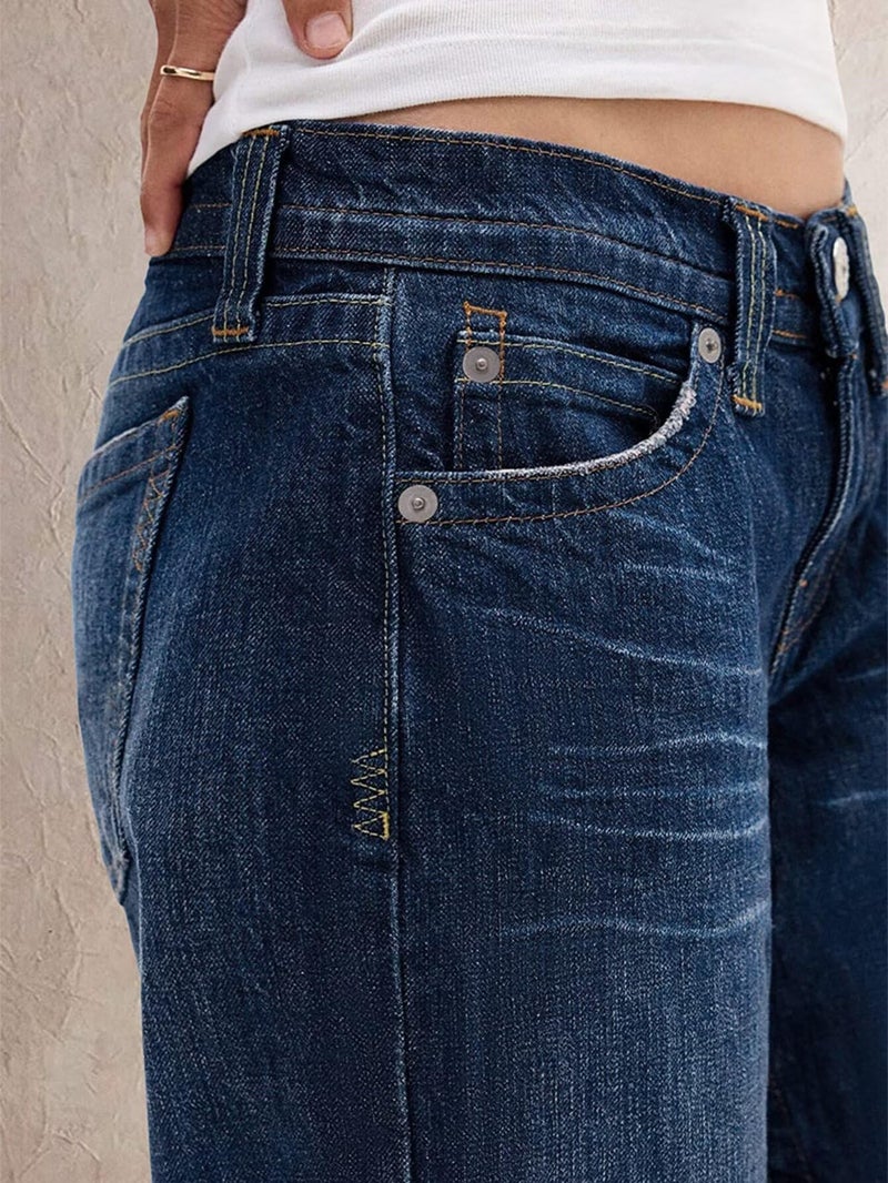 Flamingals Wide Leg Jeans for Women Mid Waist Baggy Stitch Decor Denim Washed Pants Without Belt Sapphire Blue L - Image 5